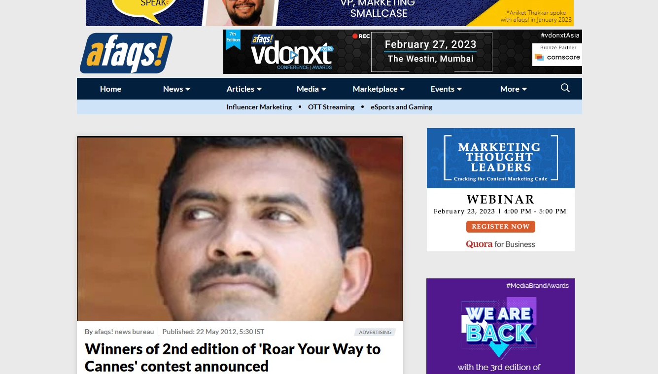 Article published: on 22 May 2012, 5:30 IST on afaqs.com | Gururaj Rao wins 2nd edition of 'Roar Your Way to Cannes' contest