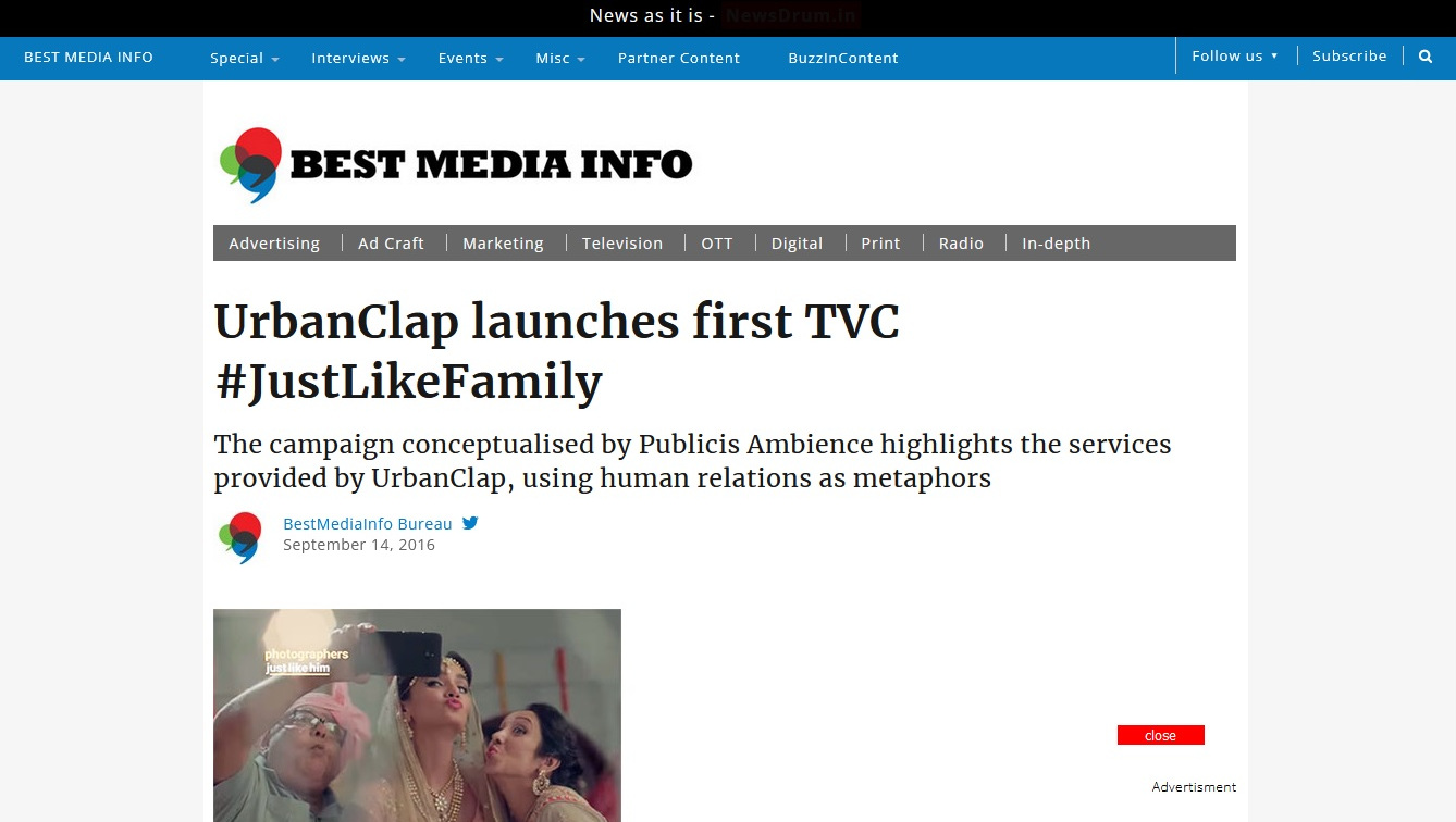 Gururaj Rao's advertisement film covered in bestmediainfo.com article titled "UrbanClap launches first TVC #JustLikeFamily" Published On September 14, 2016
