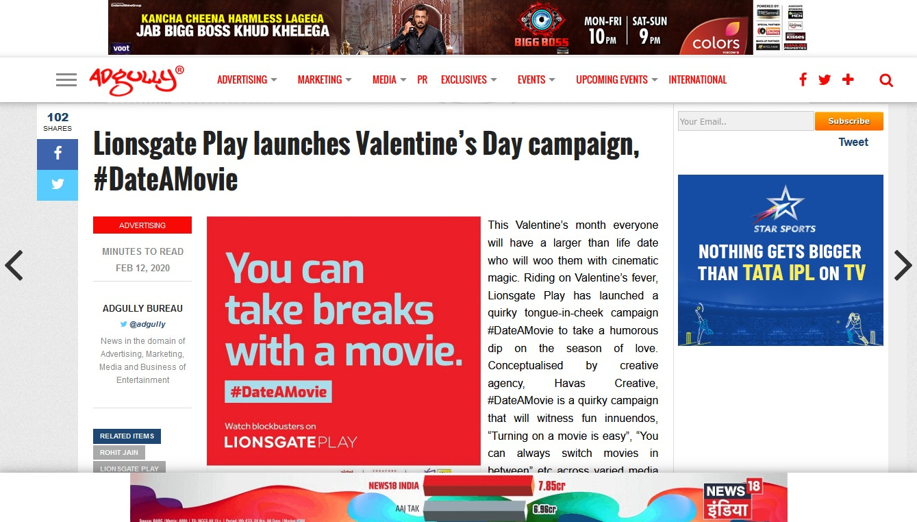 Gururaj Rao's print advertisement covered in adgully.com article titled "Lionsgate Play launches Valentine’s Day campaign, #DateAMovie"