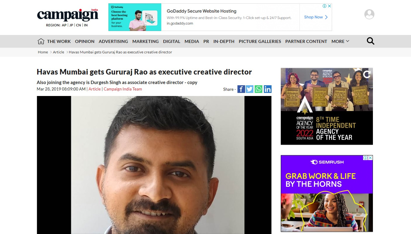 Campaign India Article | Havas Mumbai gets Gururaj Rao as executive creative director